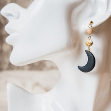  black crescent moon  moonstone gold spun howlite polymer clay earrings
