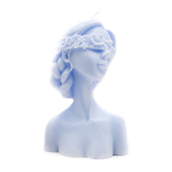 Blindfolded woman pillar candle blue