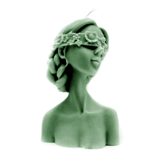 Blindfolded woman pillar candle emerald green