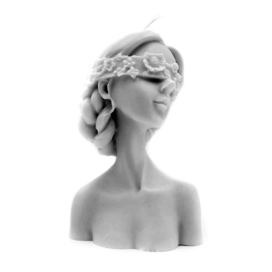 Blindfolded woman pillar candle grey gray