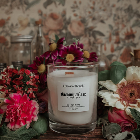 butter cake inspiration for kontattam butter cake coconut apricot wax candle in a classic, clear glass votive with a wooden wick tamil candle notes