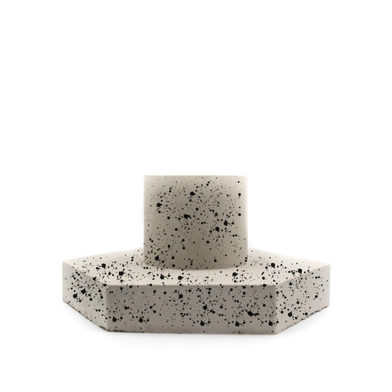 Concrete Hexagon Taper Candlestick Holder light grey with black splatter