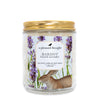 bardot french lavender Scoopable coconut apricot wax melt whipped into a clear glass jar with a gold lid and spoon a pleasant thought