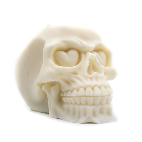 Heart Eyed skull pillar candle ivory white a pleasant thought
