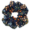 big scrunchie dark blue with florals and quails