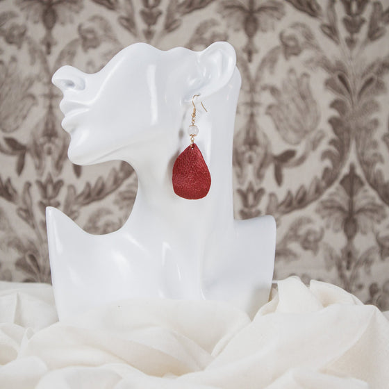 burgundy petal polymer clay earrings with moonstone dangle model