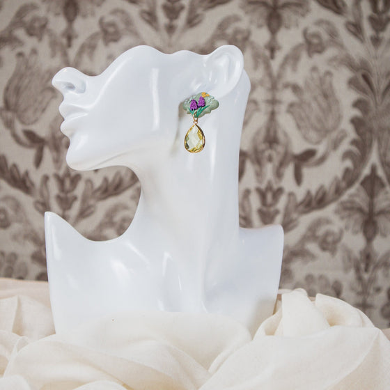 sage lilac quatrefoil polymer clay earrings with lemon glass drop dangle model