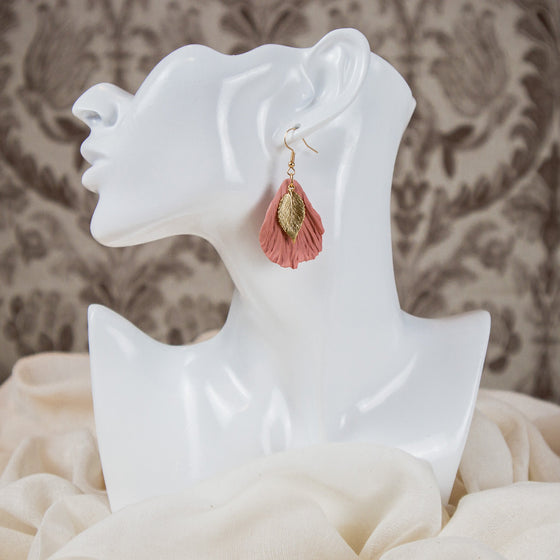 pink petal polymer clay earrings with gold leaf accent dangle model