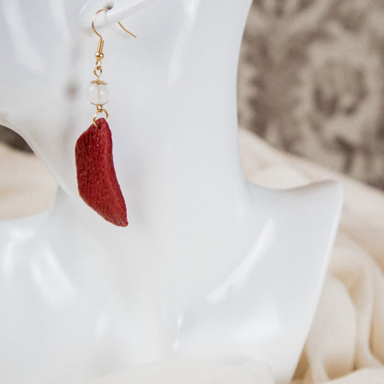 burgundy petal polymer clay earrings with moonstone dangle