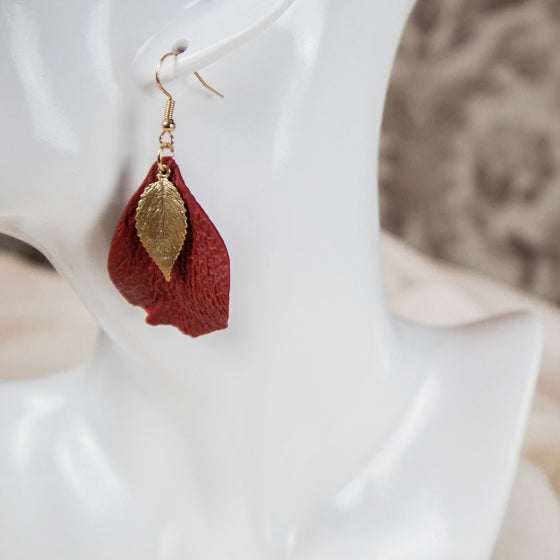 mulberry petal polymer clay earrings with gold leaf accent dangle