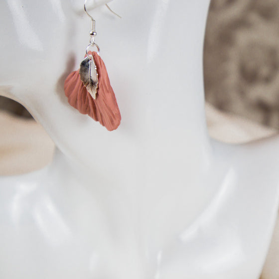 pink petal polymer clay earrings with silver leaf accent dangle
