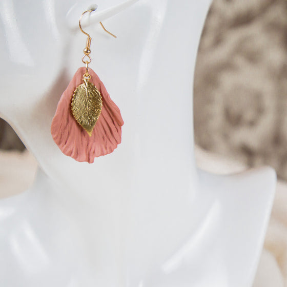 pink petal polymer clay earrings with gold leaf accent dangle