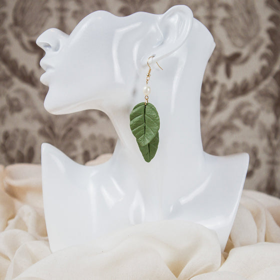 two leaves polymer clay earrings with freshwater pearl dangle model