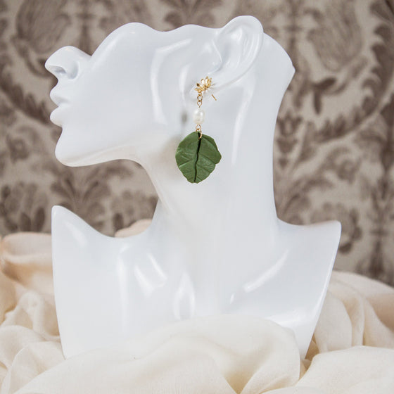 leaf polymer clay earrings with freshwater pearl dangle and flower stud model