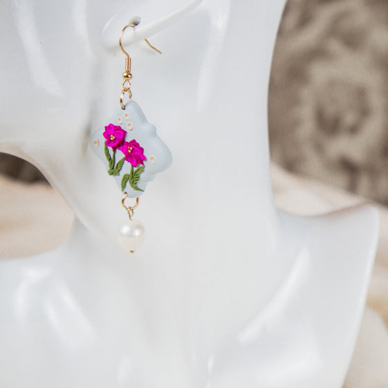 peonies on pale blue polymer clay earrings with freshwater pearls dangle
