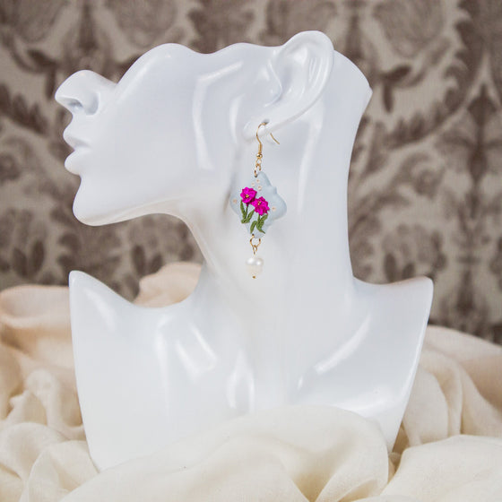 peonies on pale blue polymer clay earrings with freshwater pearls dangle model