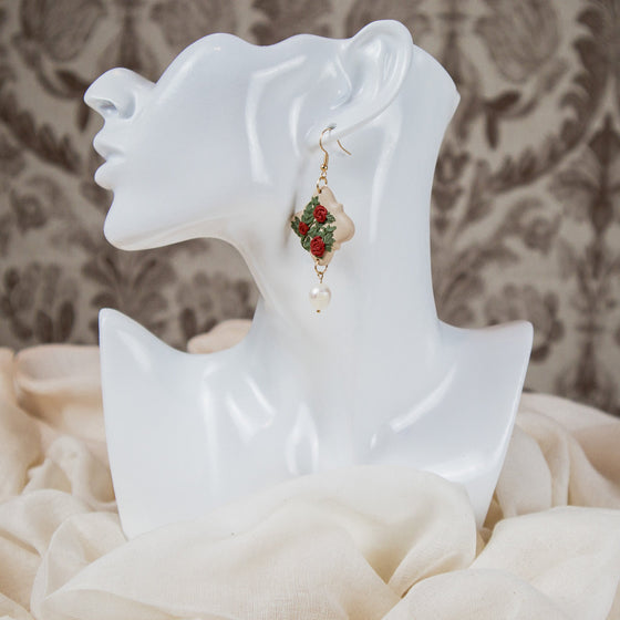 rose bush on beige polymer clay earrings with freshwater pearls dangle model