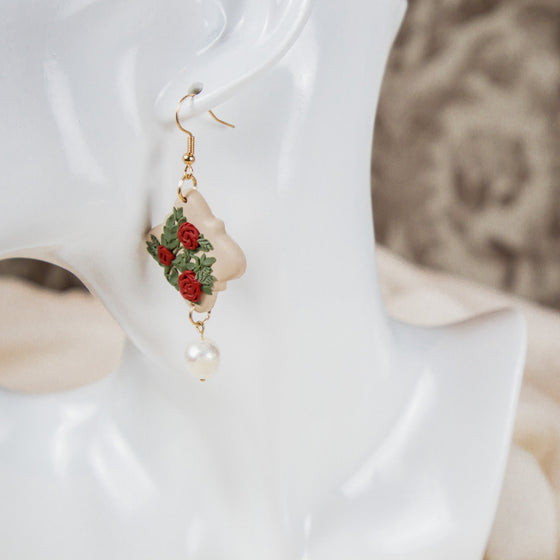 rose bush on beige polymer clay earrings with freshwater pearls dangle