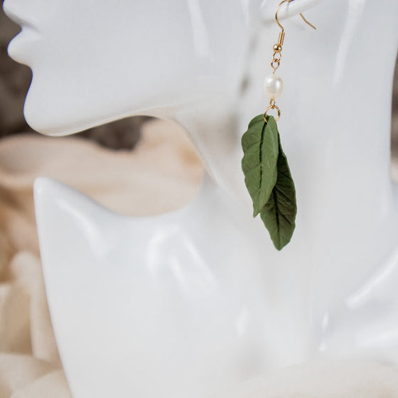 two leaves polymer clay earrings with freshwater pearl dangle