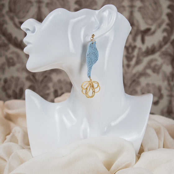 blue bird polymer clay earrings dangles monochromatic model
