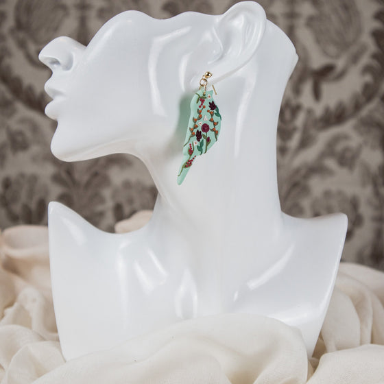 florals on mint bird polymer clays earrings dangles model