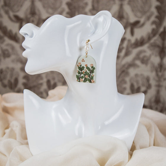 florals on sage arch polymer clay earrings with freshwater pearls dangles  model