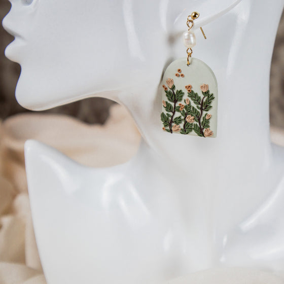 florals on sage arch polymer clay earrings with freshwater pearls dangles 