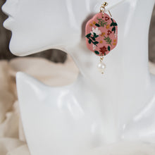  dahlias and florals on pink polymer clay earrings with freshwater pearl dangle