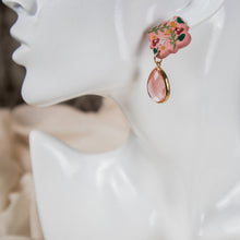  pink floral quatrefoil polymer clay earrings with grapefruit glass drop dangle