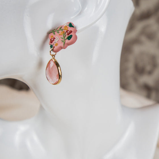 pink floral quatrefoil polymer clay earrings with grapefruit glass drop dangle