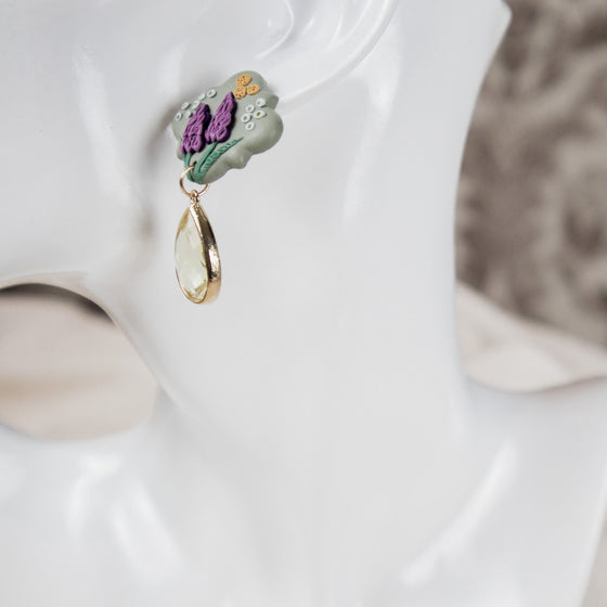 sage lilac quatrefoil polymer clay earrings with lemon glass drop dangle