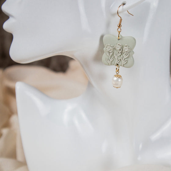 daisies on sage polymer clay earrings with freshwater pearl dangle monochromatic
