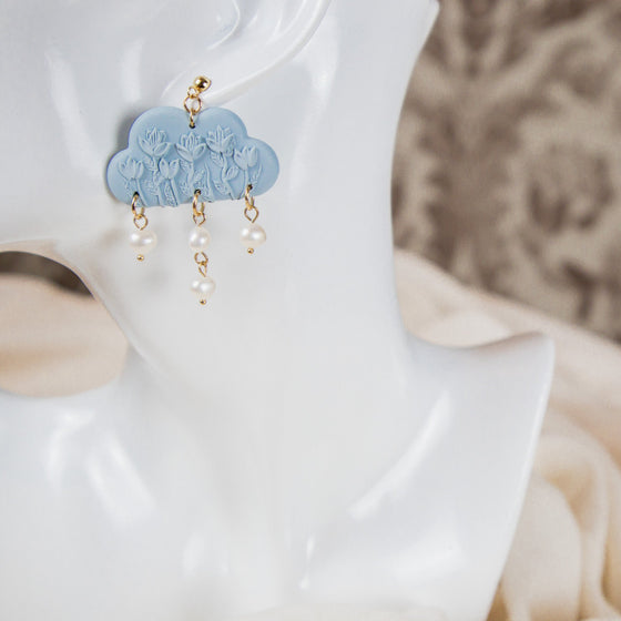 hellebore floral on pale blue cloud polymer clay earrings with freshwater pearls dangles monochromatic