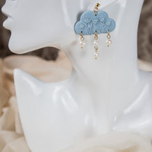  hellebore floral on pale blue cloud polymer clay earrings with freshwater pearls dangles monochromatic