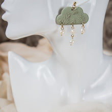  fern on sage cloud polymer clay earrings with freshwater pearls dangles monochromatic