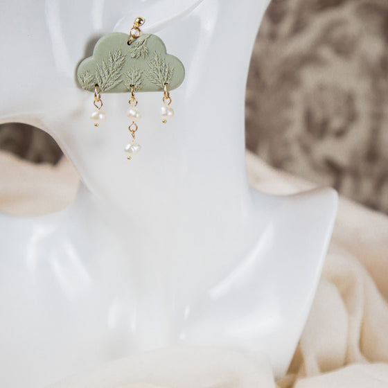 fern on sage cloud polymer clay earrings with freshwater pearls dangles monochromatic