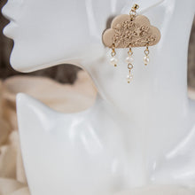  dogwood on beige cloud polymer clay earrings with freshwater pearls dangles monochromatic