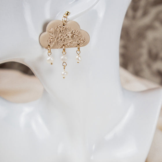 dogwood on beige cloud polymer clay earrings with freshwater pearls dangles monochromatic