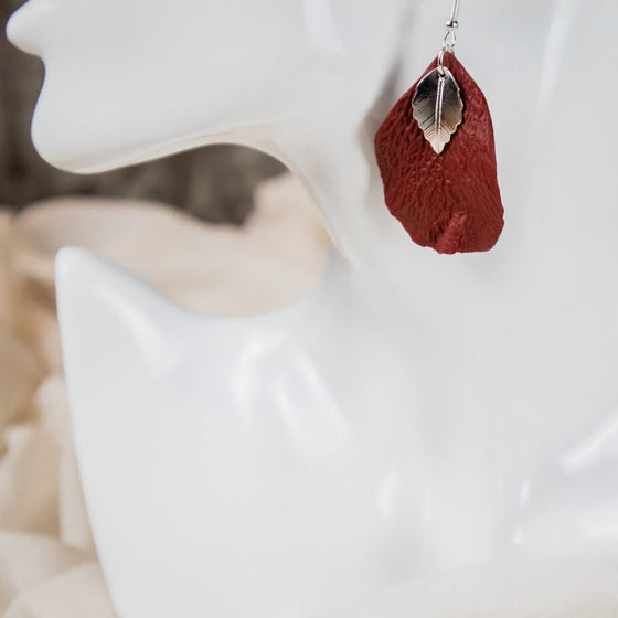 mulberry petal polymer clay earrings with silver leaf accent dangle