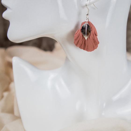 pink petal polymer clay earrings with silver leaf accent dangle