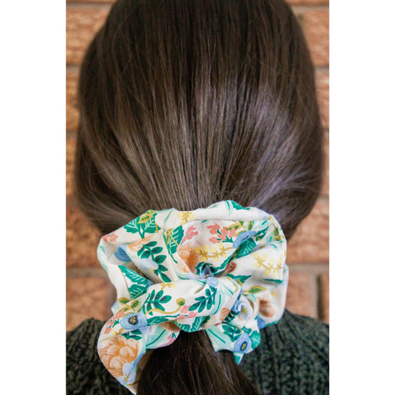big scrunchie ivory with florals on hair