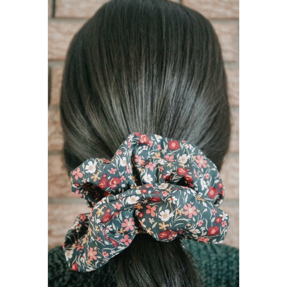 big scrunchie black with florals on hair