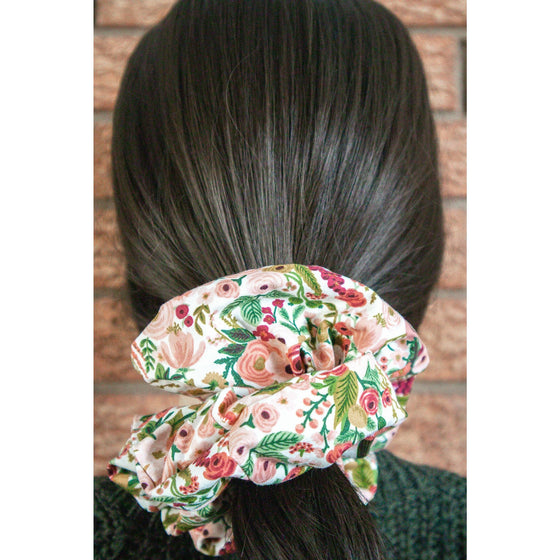 big scrunchie white with florals and berries on hair