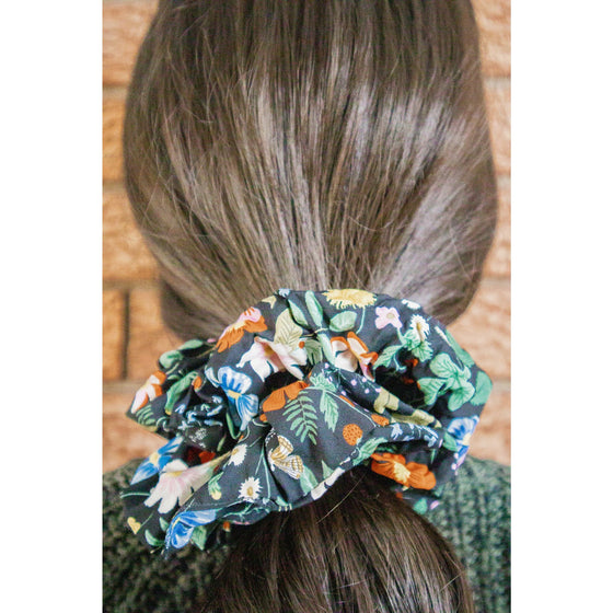 big scrunchie black with florals and strawberries on hair