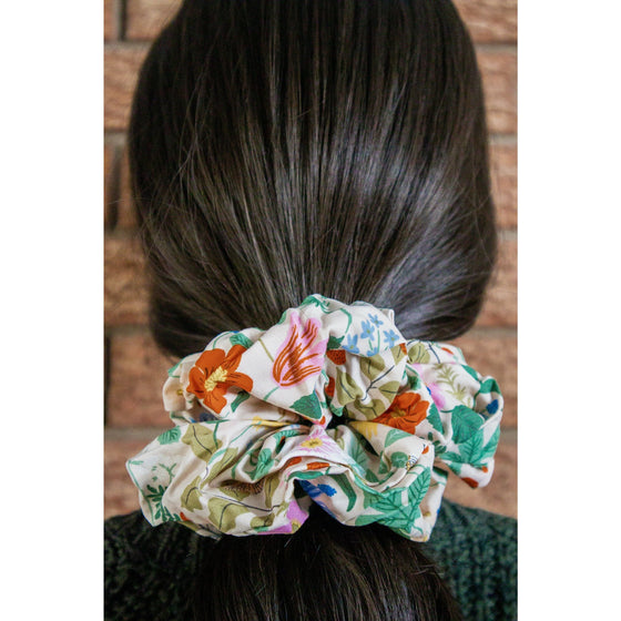 big scrunchie white with florals and strawberries on hair