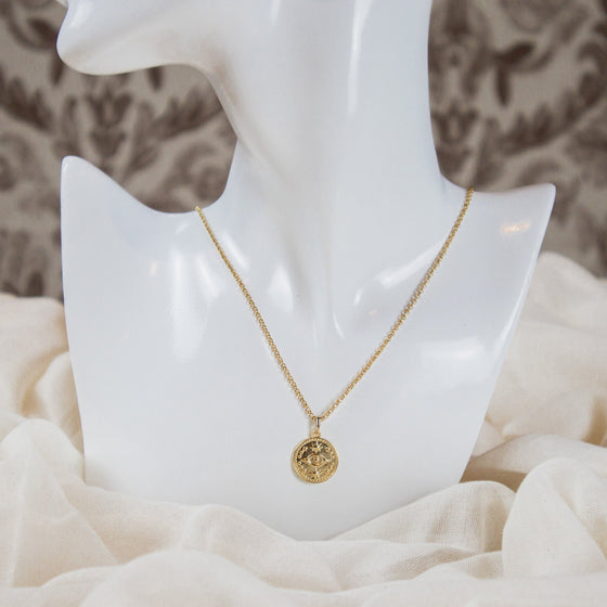 third eye medallion pendant on dainty gold-filled rolo chain necklace model
