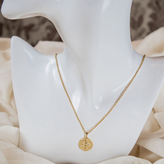 third eye medallion pendant on dainty gold-filled rolo chain necklace