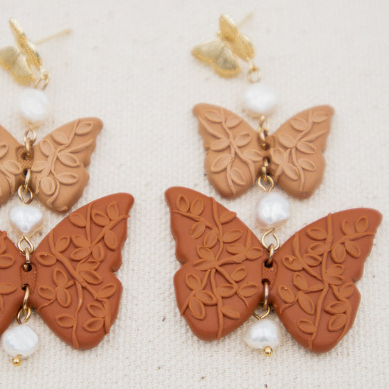 florals on shades of nude butterflies polymer clay earrings with freshwater pearls dangles monochromatic