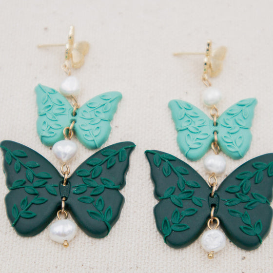 florals on shades of green butterflies polymer clay earrings with freshwater pearls dangles monochromatic
