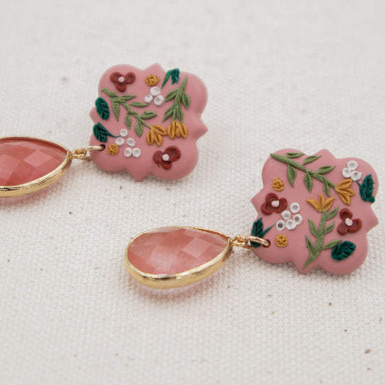 pink floral quatrefoil polymer clay earrings with grapefruit glass drop dangle